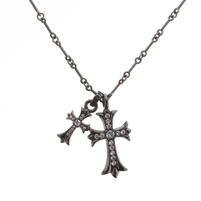 Chrome Hearts White Diamond Cross Pendant Black Necklace 01