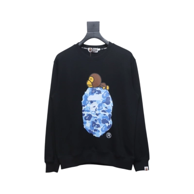 Bape Monkey Print Crewneck Sweatshirt 'Black/Blue' 01