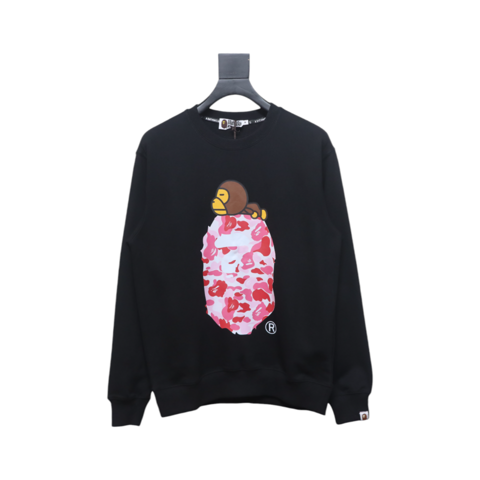 Bape Monkey Print Crewneck Sweatshirt 'Black/Pink'