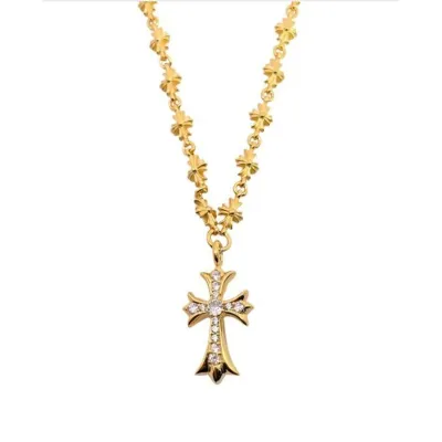 Chrome Hearts White Diamond Cross Pendant Gold Necklace 01