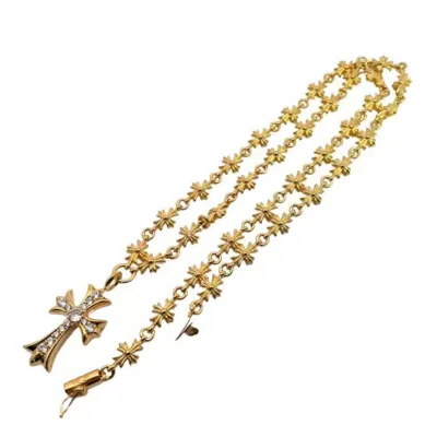 Chrome Hearts White Diamond Cross Pendant Gold Necklace 02