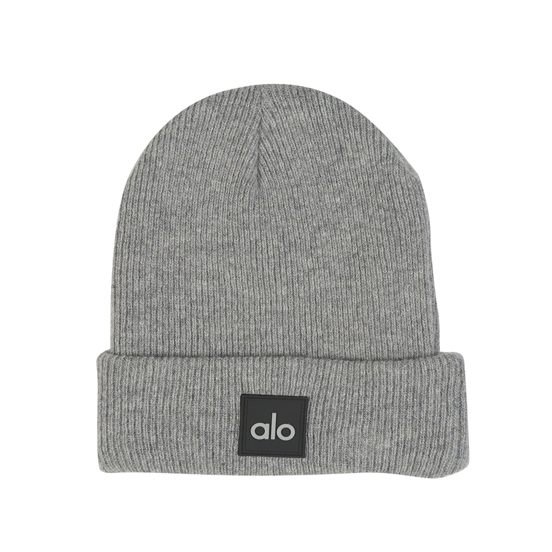 Alo Yoga Oatmeal Ash Notable Beanie With Dark Gray Label