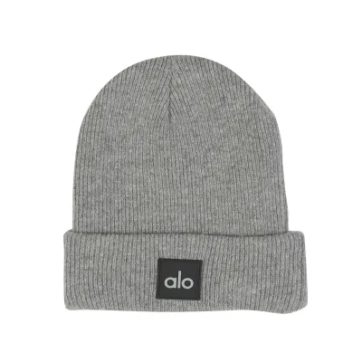 Alo Yoga Oatmeal Ash Notable Beanie With Dark Gray Label 01