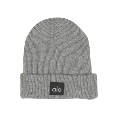 Alo Yoga Oatmeal Ash Notable Beanie With Dark Gray Label 01