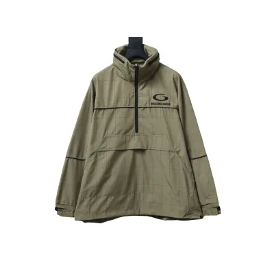 Balenciaga Embroidered Plaid Stand-up Collar Half-zip Jacket Brown 01