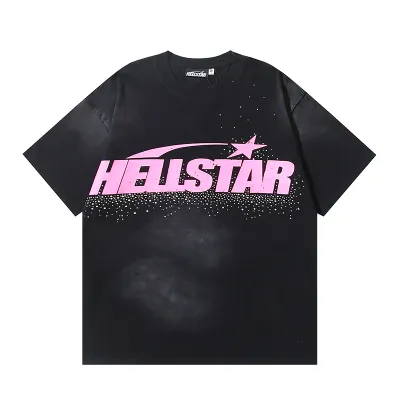 Hellstar Classic Pink Logo Black T-shirt With Hot-fix Rhinestones #6753 01