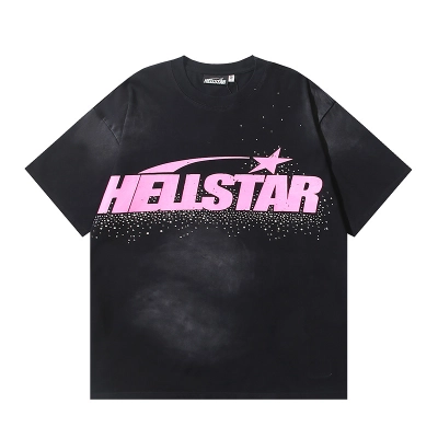 Hellstar Classic Pink Logo Black T-shirt With Hot-fix Rhinestones #6753 01