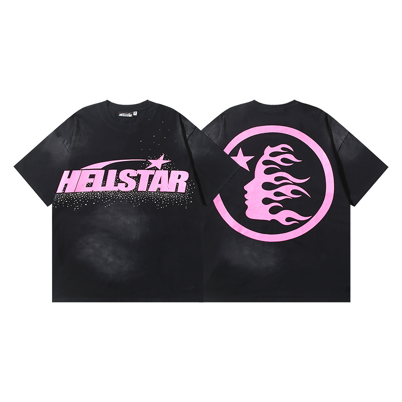 Hellstar Classic Pink Logo Black T-shirt With Hot-fix Rhinestones #6753