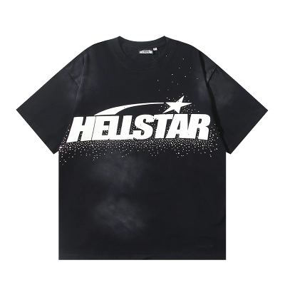 Hellstar Classic White Logo Black T-shirt With Hot-fix Rhinestones #6752 01