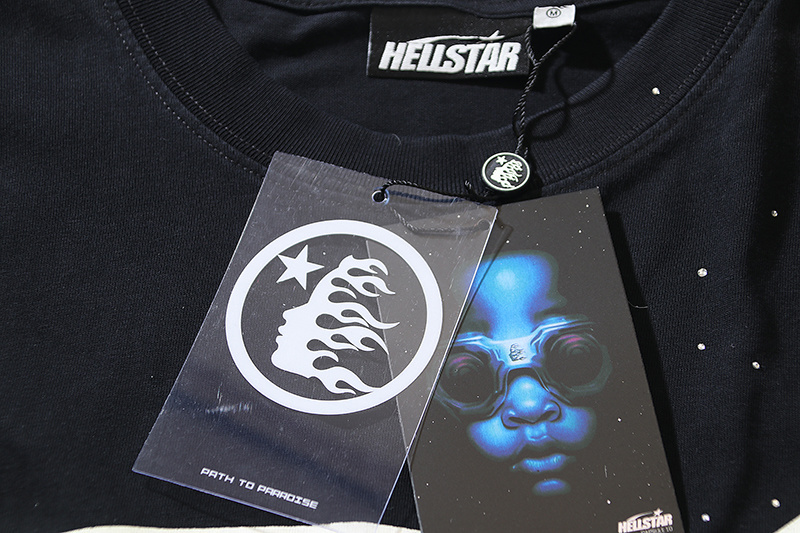Hellstar Classic White Logo Black T-shirt With Hot-fix Rhinestones #6752