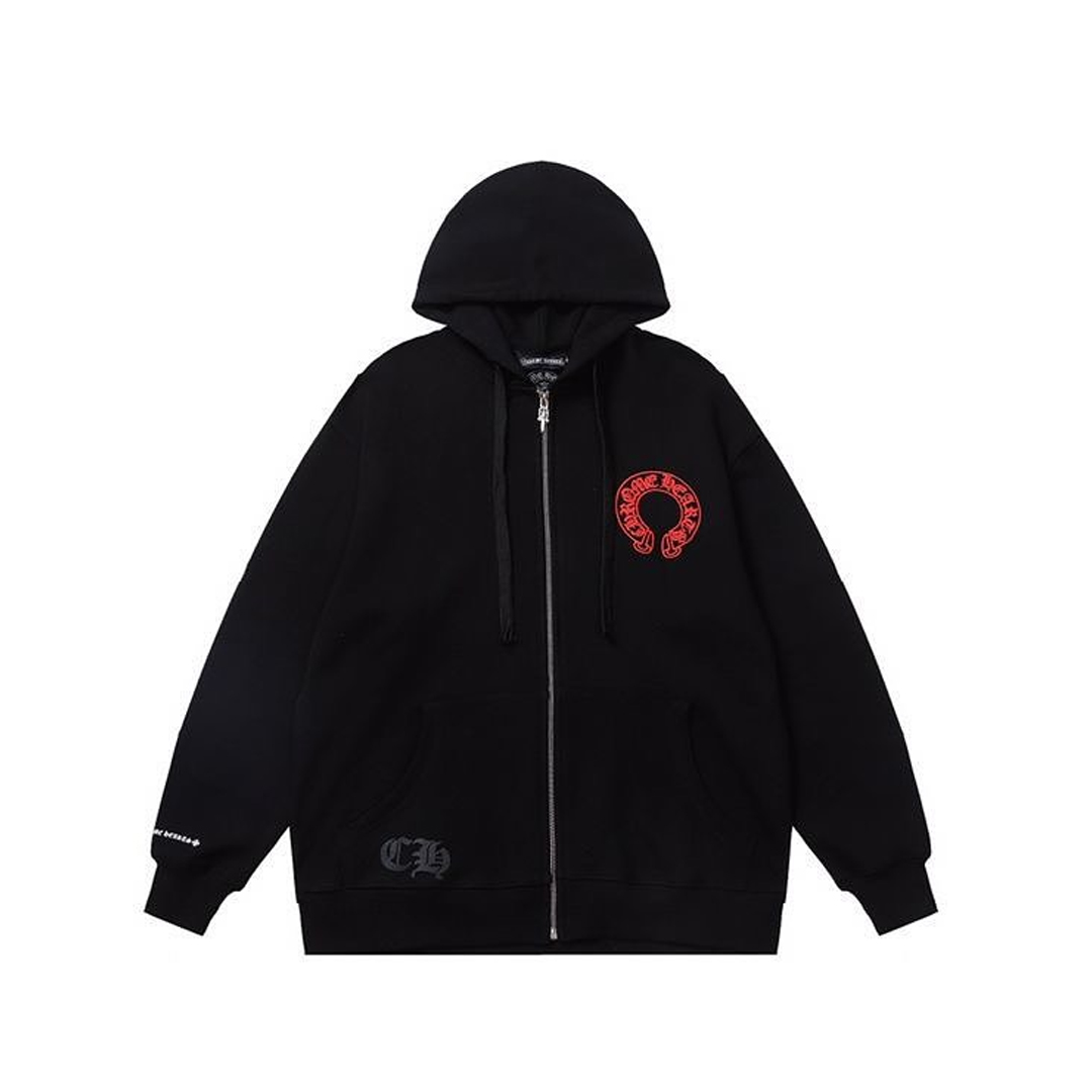 Chrome Hearts Red Horseshoe Logo Zip Up Hoodie Black