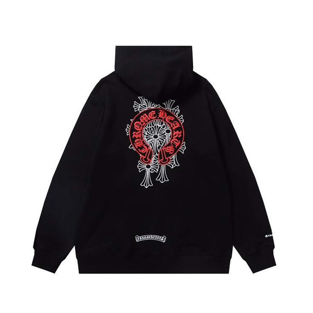Chrome Hearts Red Horseshoe Logo Zip Up Hoodie Black