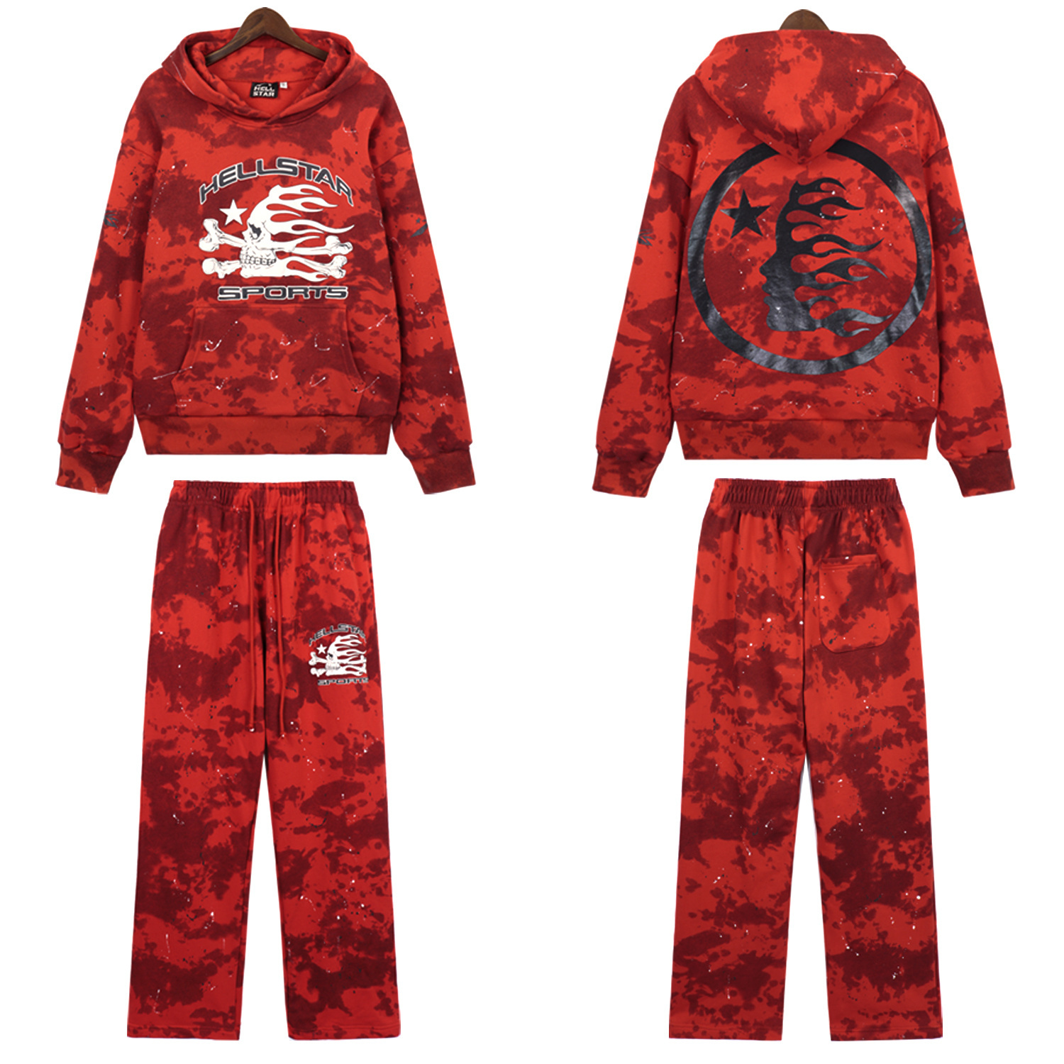Hellstar Sports Tie-Dye Skull Hoodie & Sweatpants Set #8197 Red