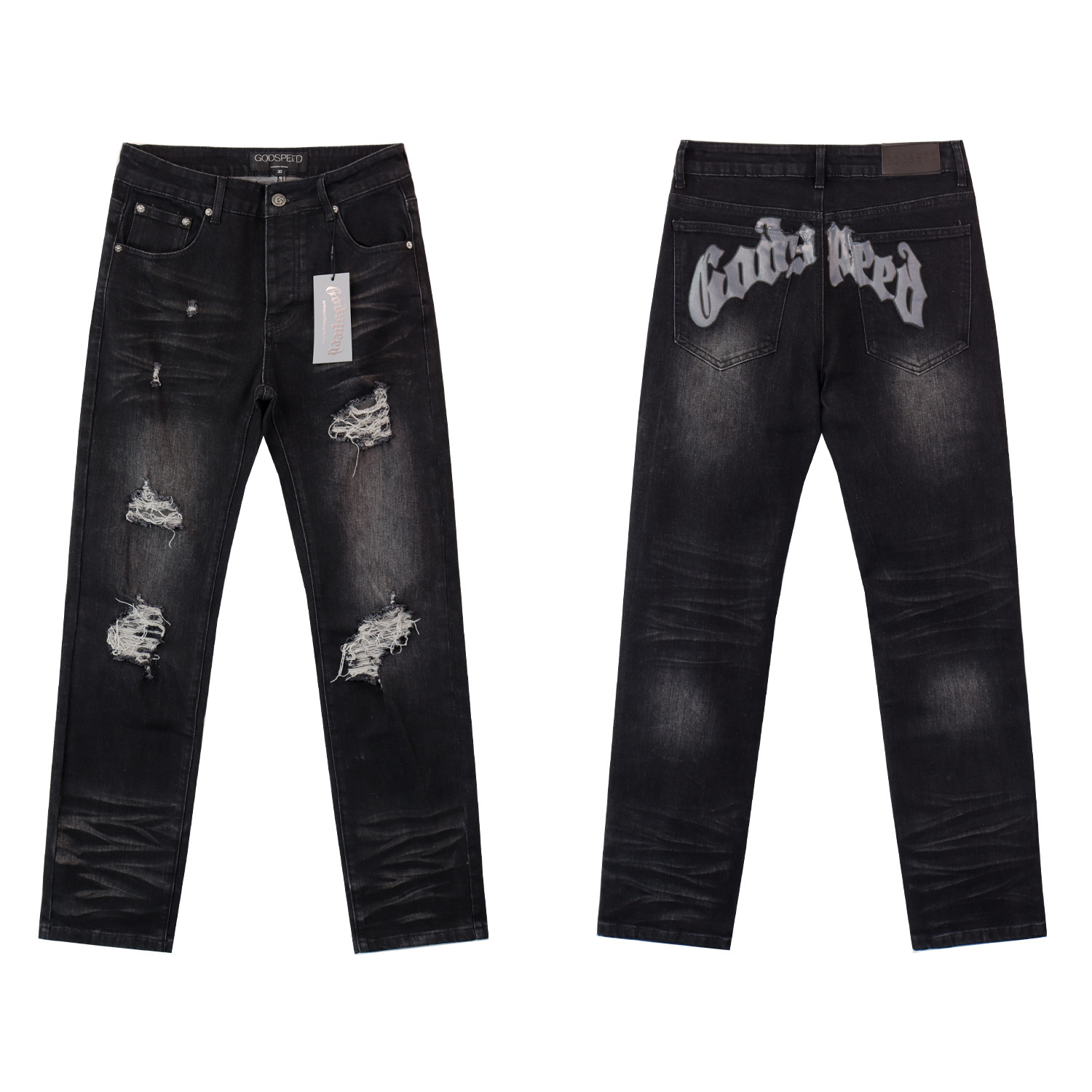 Godspeed Casual Comfort Holes Straight Jeans #8211 Black