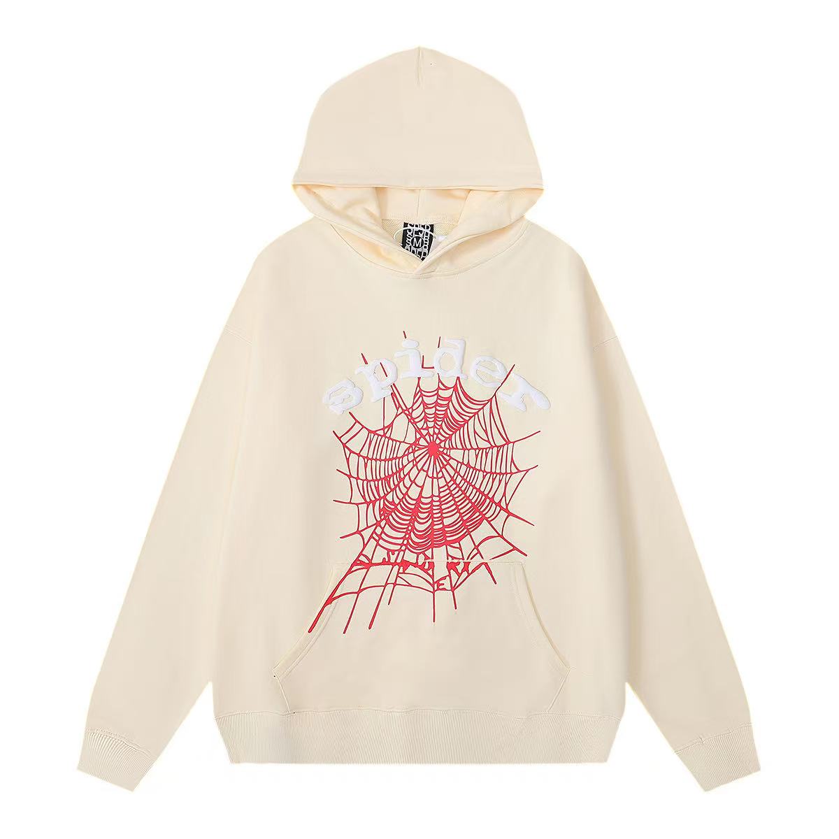 Sp5der White Letters Red Cobweb Beige Hoodie