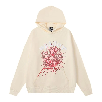 Sp5der White Letters Red Cobweb Beige Hoodie 01