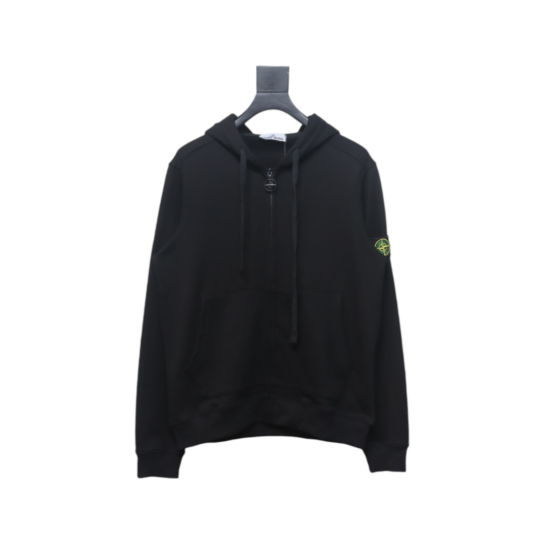Stone Island Classic Logo Sleeve Patch Zipper Hoodie Black