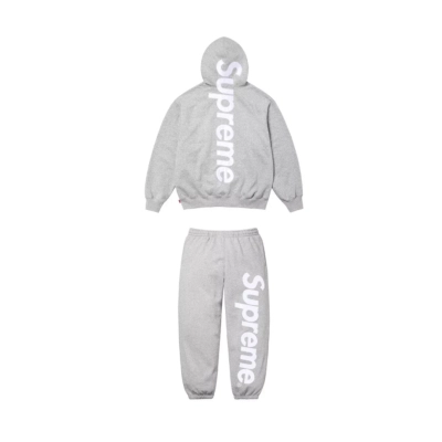 Supreme Satin Applique Hooded Sweatshirt & Sweatpant Set Grey 01
