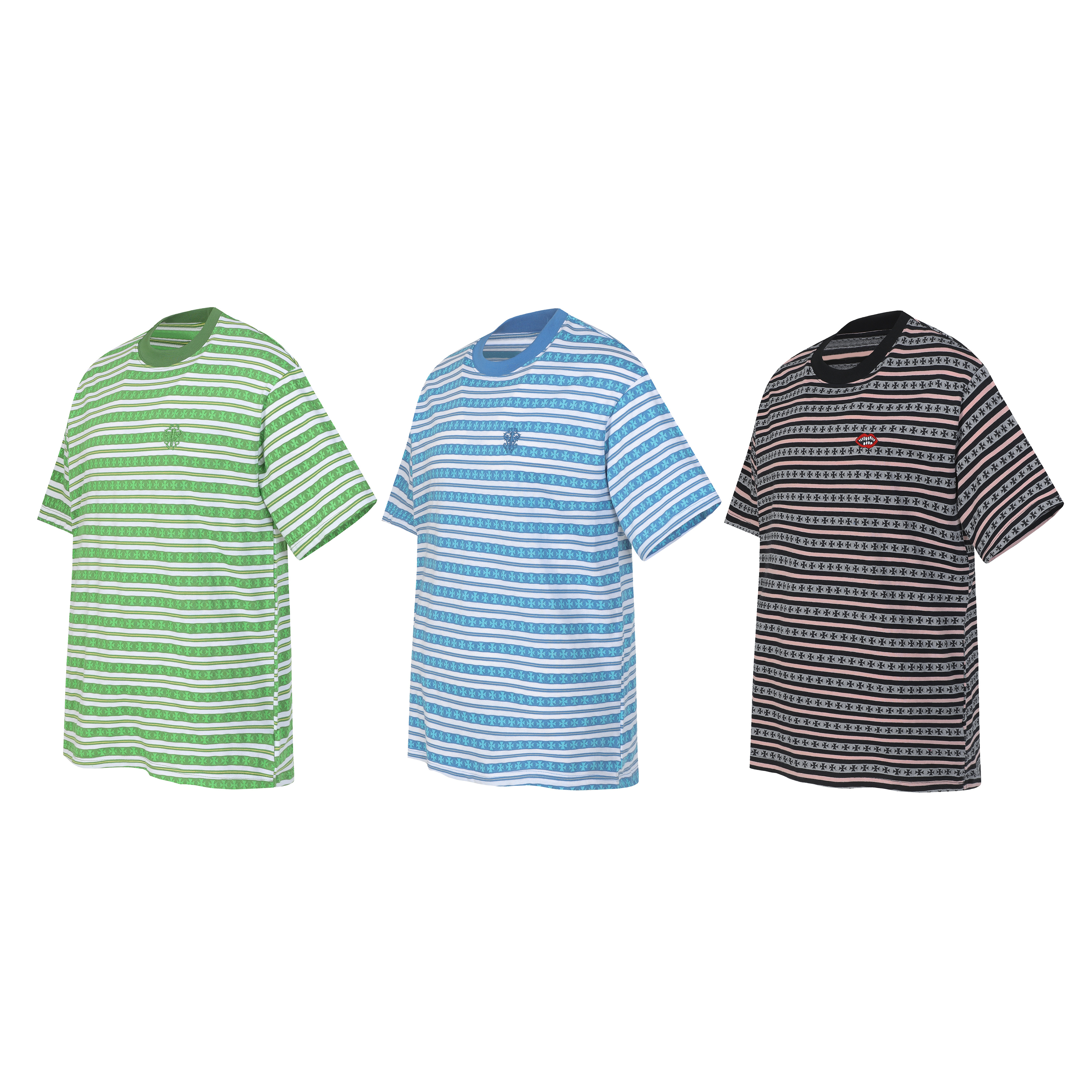 Chrome Hearts Mars Striped Cross T-Shirt #2110 Green/Blue/Black