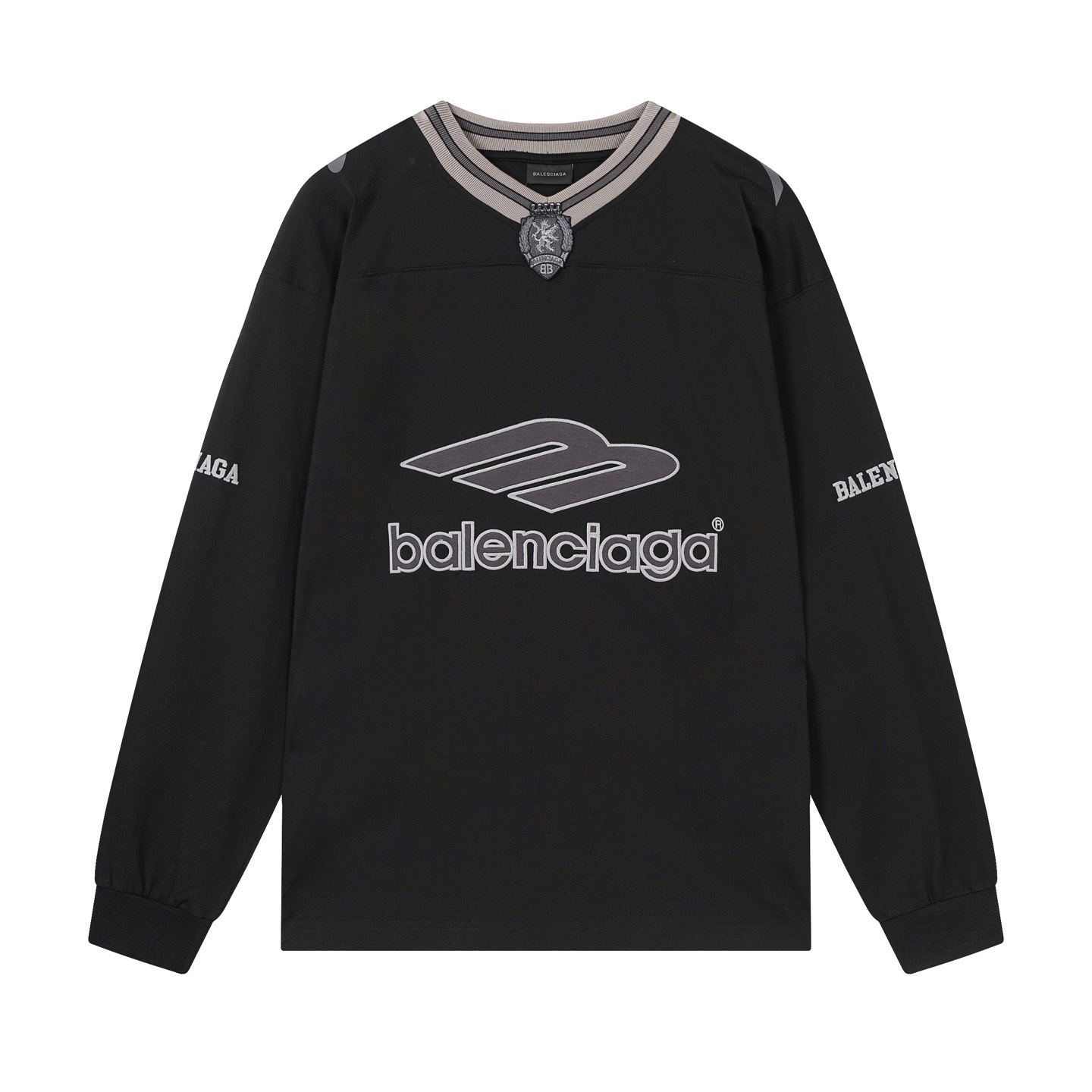 Balenciaga 3B Silhouette Ribbed V-Neck Embroidered & Printed Long-Sleeve T-Shirt Black/Blue