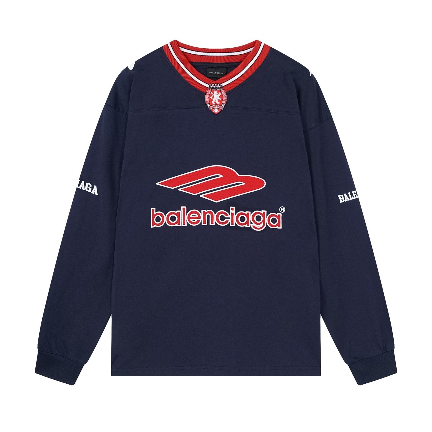 Balenciaga 3B Silhouette Ribbed V-Neck Embroidered & Printed Long-Sleeve T-Shirt Black/Blue