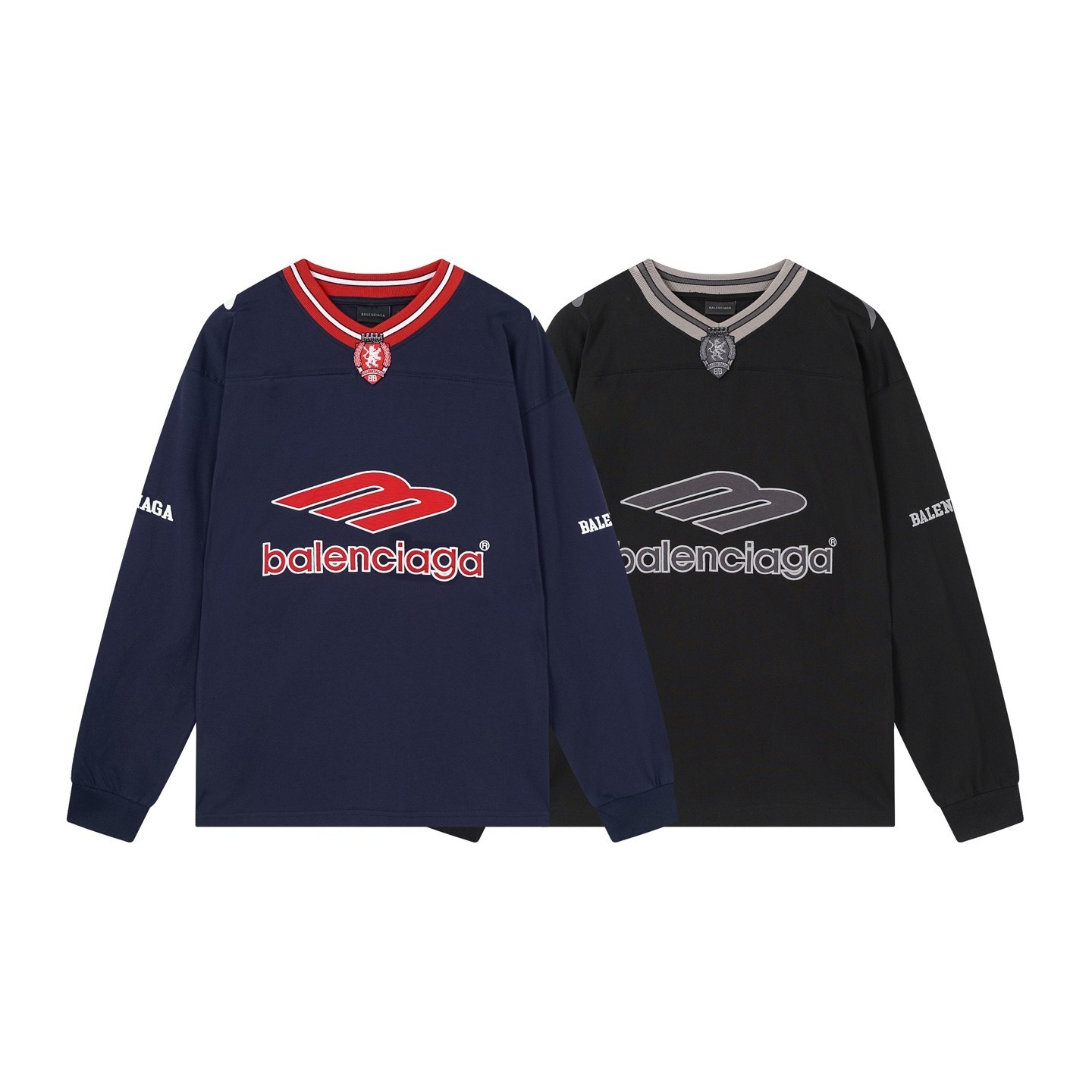 Balenciaga 3B Silhouette Ribbed V-Neck Embroidered & Printed Long-Sleeve T-Shirt Black/Blue