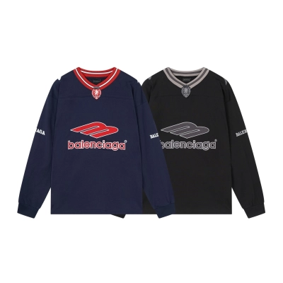 Balenciaga 3B Silhouette Ribbed V-Neck Embroidered & Printed Long-Sleeve T-Shirt Black/Blue 01