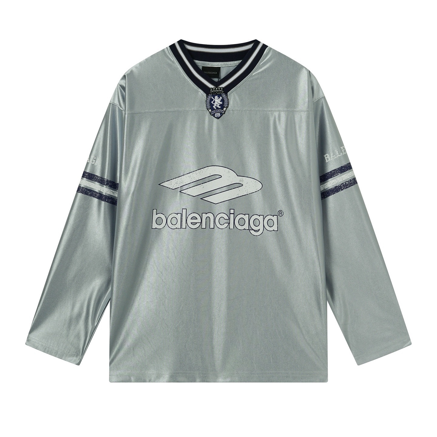 Balenciaga 3B Silhouette Ribbed V-Neck Printed Long-Sleeve T-Shirt Black/Blue/Gray