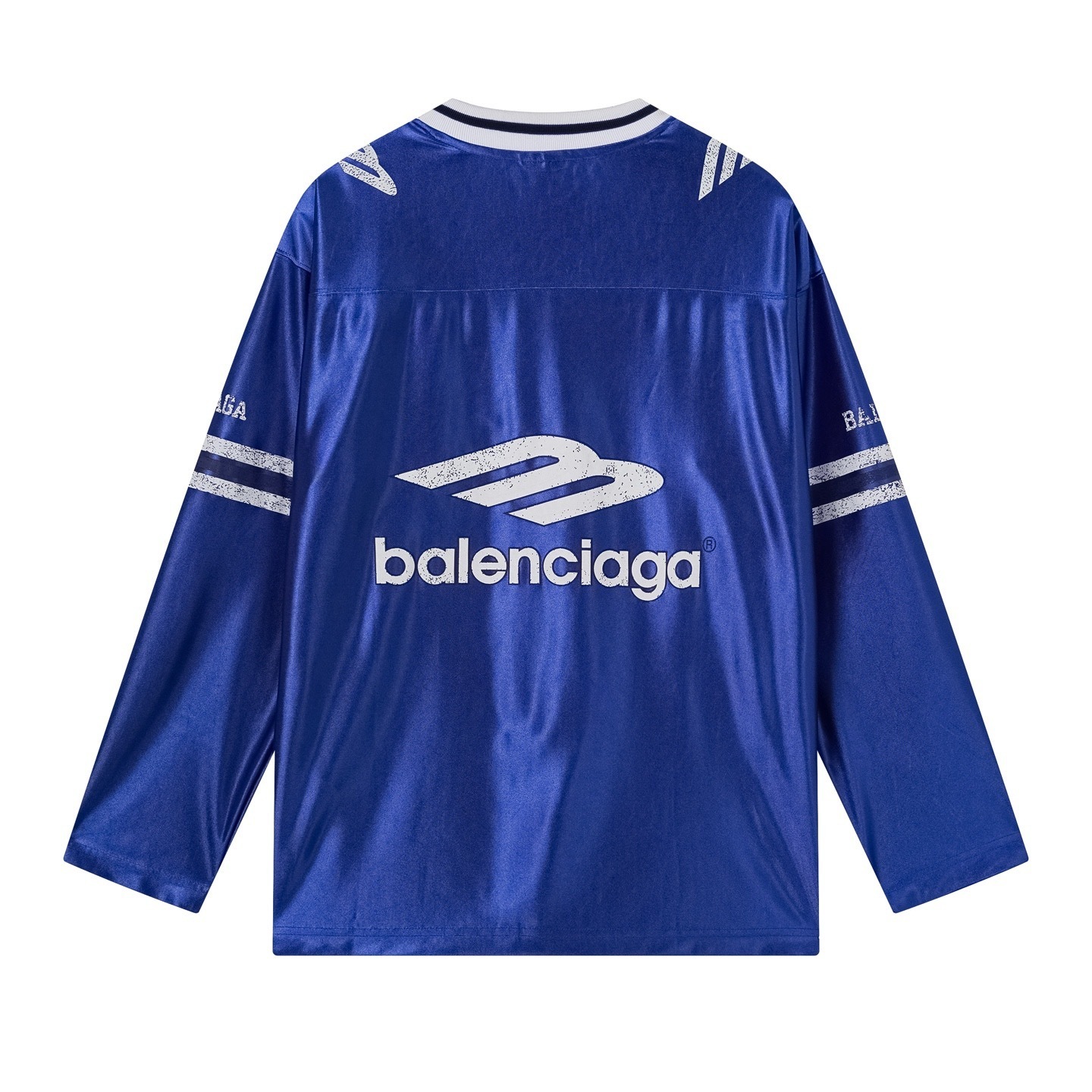 Balenciaga 3B Silhouette Ribbed V-Neck Printed Long-Sleeve T-Shirt Black/Blue/Gray