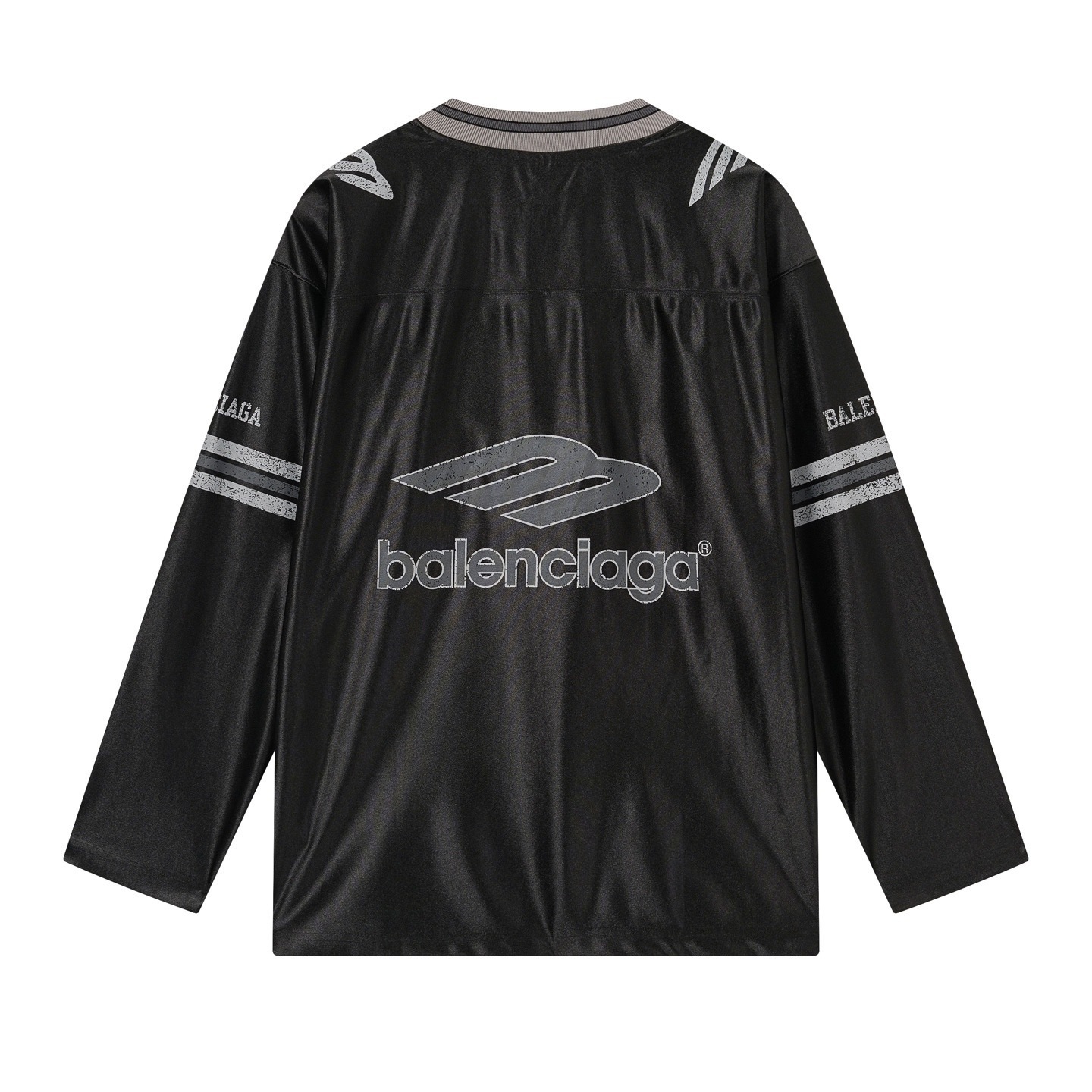 Balenciaga 3B Silhouette Ribbed V-Neck Printed Long-Sleeve T-Shirt Black/Blue/Gray