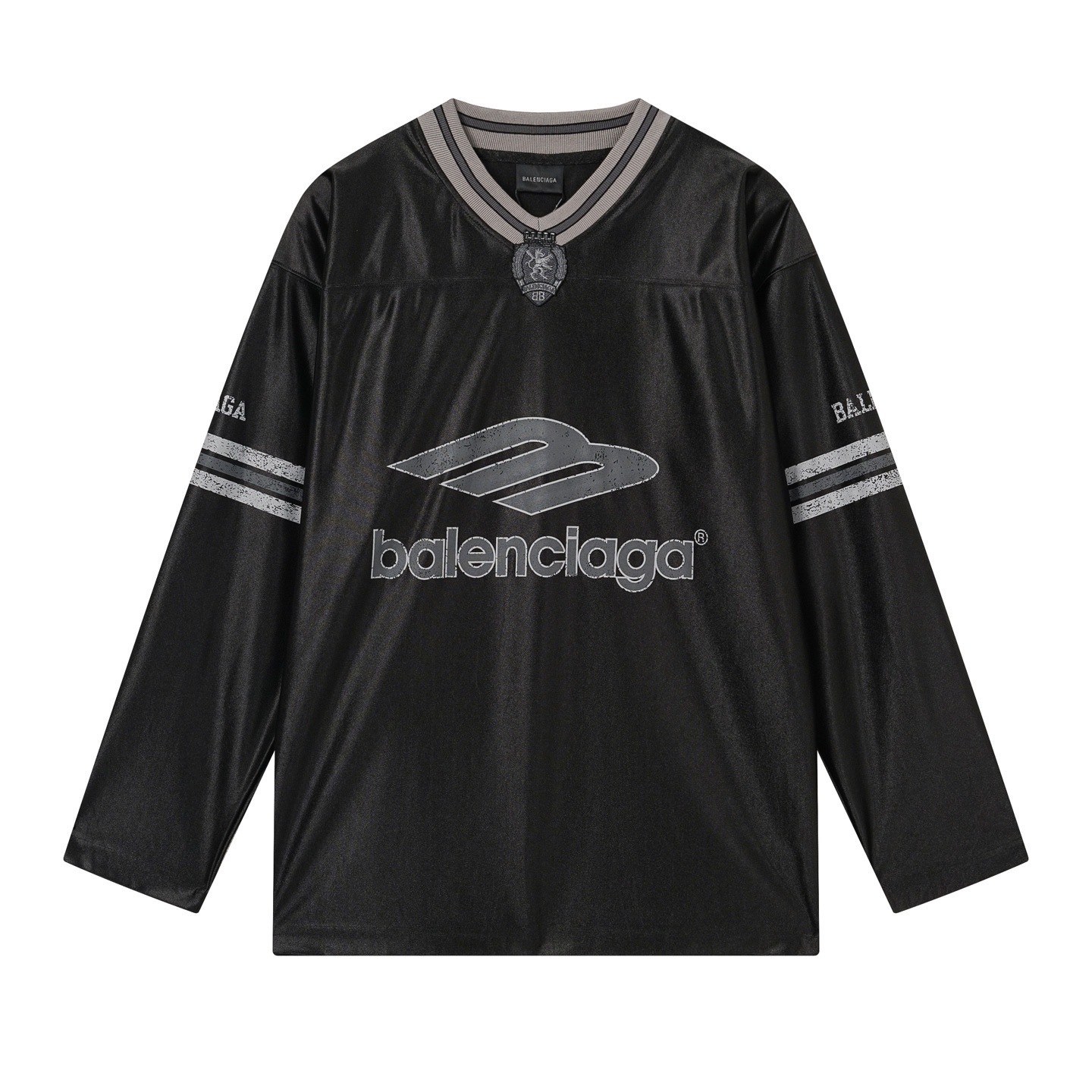Balenciaga 3B Silhouette Ribbed V-Neck Printed Long-Sleeve T-Shirt Black/Blue/Gray