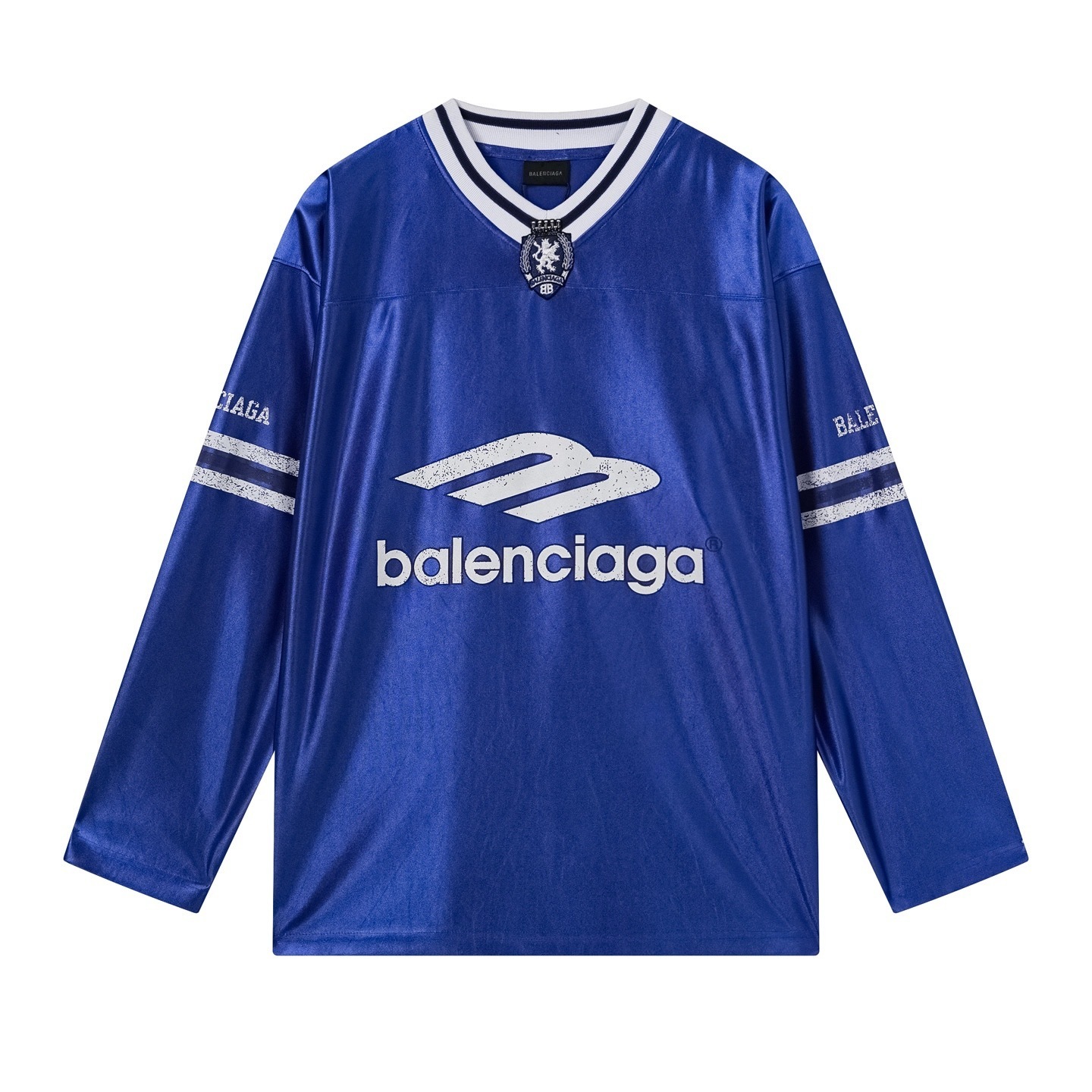 Balenciaga 3B Silhouette Ribbed V-Neck Printed Long-Sleeve T-Shirt Black/Blue/Gray