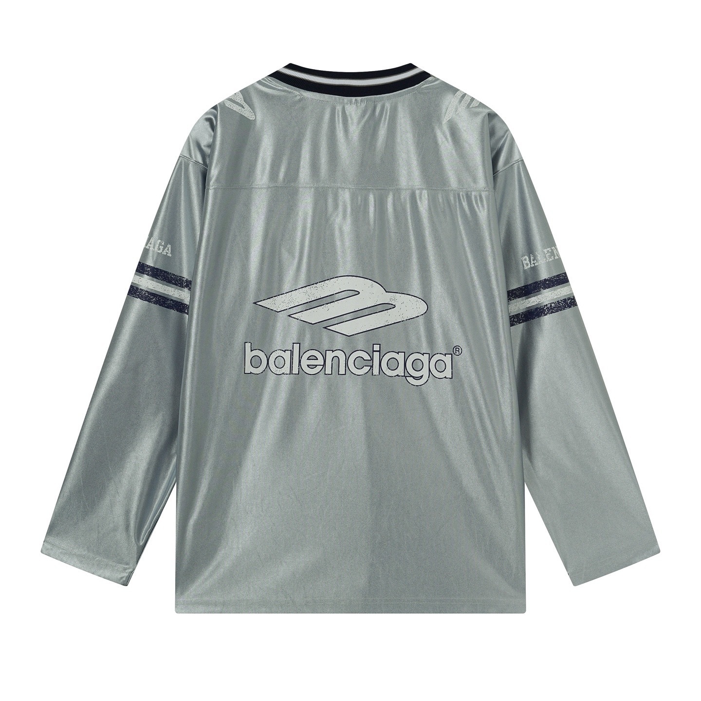 Balenciaga 3B Silhouette Ribbed V-Neck Printed Long-Sleeve T-Shirt Black/Blue/Gray
