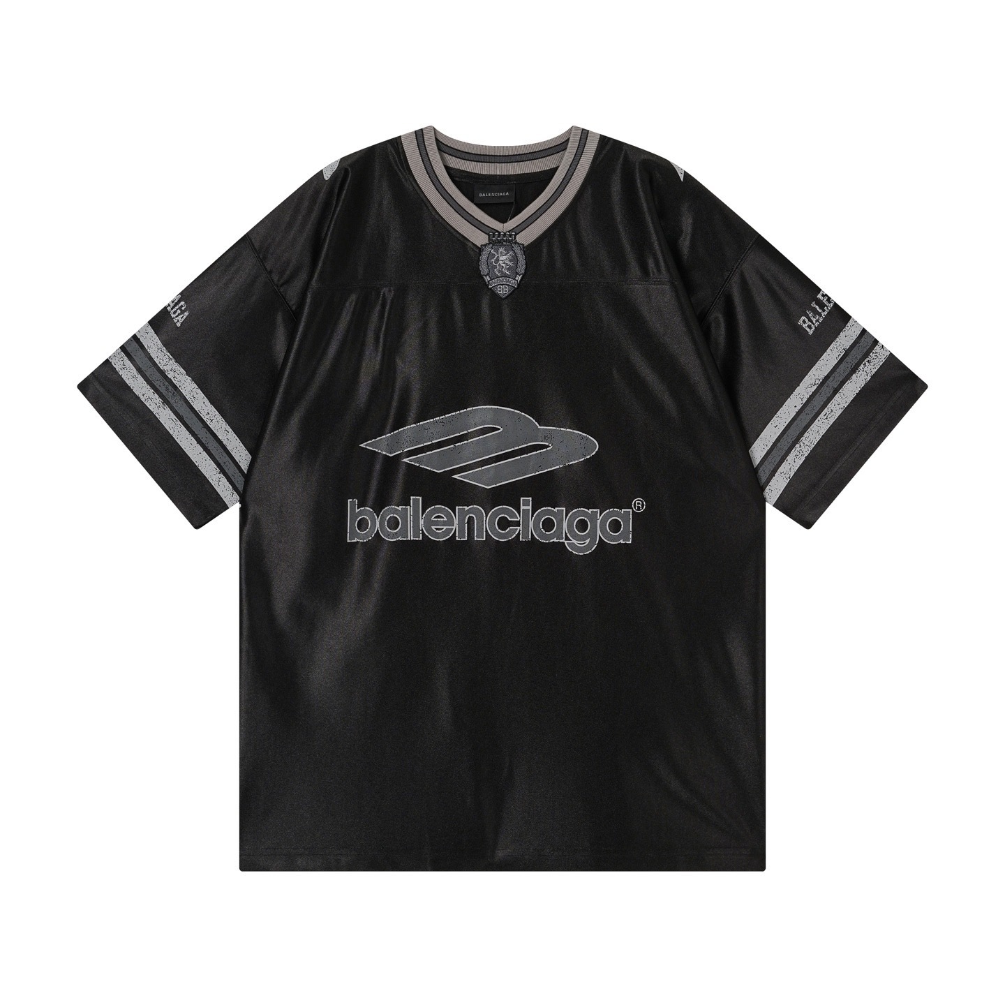 Balenciaga 3B Silhouette Ribbed V-neck Printed T-shirt Black/Blue/Gray