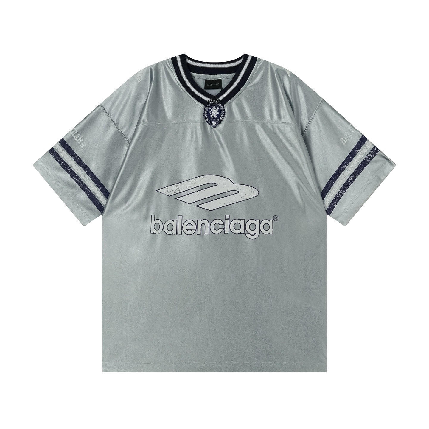 Balenciaga 3B Silhouette Ribbed V-neck Printed T-shirt Black/Blue/Gray