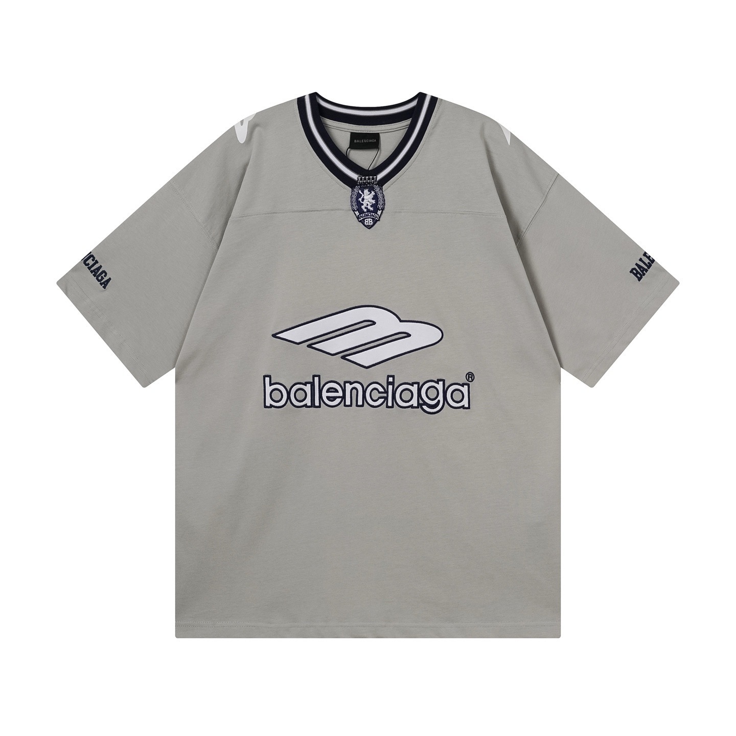 Balenciaga 3B Silhouette Ribbed V-neck Printed T-shirt Black/Dark Blue/Gray