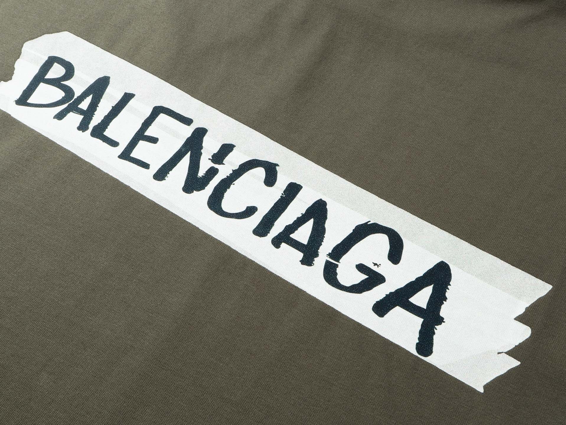 Balenciaga Masking Tape Printed Washed Distressed T-shirt Black/White/Olive Green
