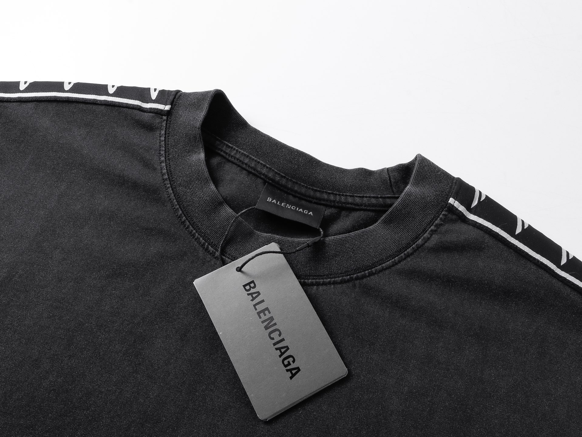 Balenciaga Washed & Distressed T-Shirt With 3B Artistic Webbing Accents Sleeves Black/Apricot