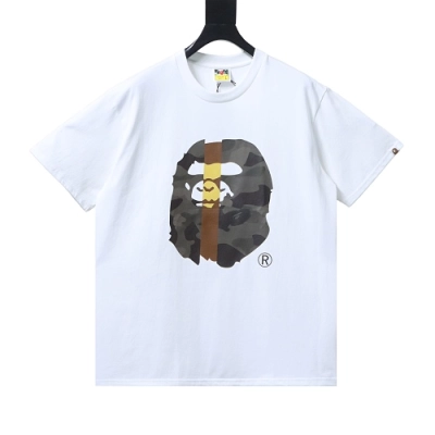 Bape Vertical-Stripe Color-Block Camouflage Ape Head Print T-Shirt White 01