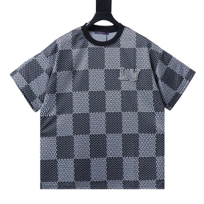 Louis Vuitton Rhinestone Letter Logo Checkerboard T-Shirt Black 01