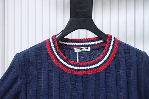 Miu Miu Preppy-Style Short-Sleeve Knit T-Shirt Blue