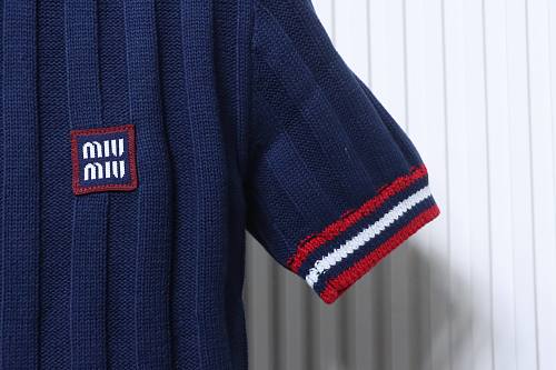 Miu Miu Preppy-Style Short-Sleeve Knit T-Shirt Blue