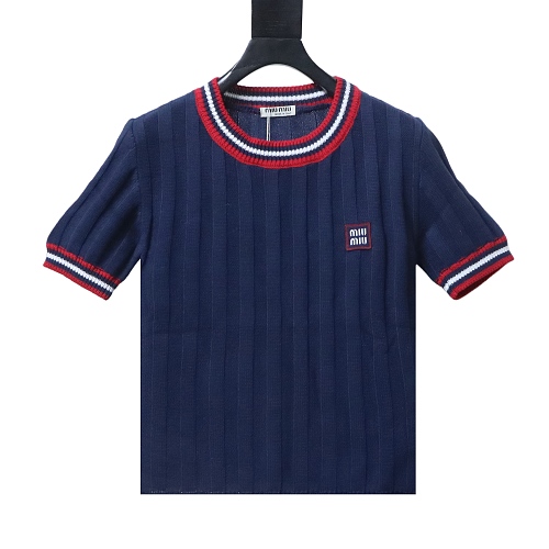 Miu Miu Preppy-Style Short-Sleeve Knit T-Shirt Blue