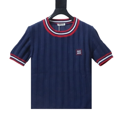 Miu Miu Preppy-Style Short-Sleeve Knit T-Shirt Blue 01