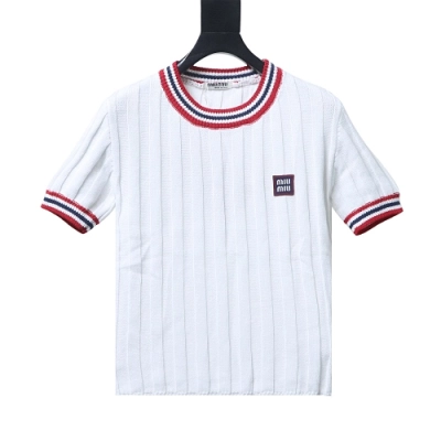 Miu Miu Preppy-Style Short-Sleeve Knit T-Shirt White 01