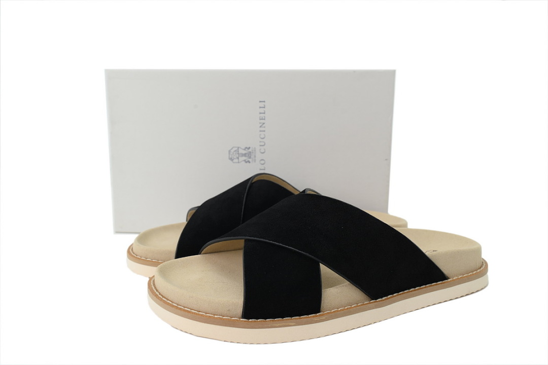 Brunello Cucinelli Suede Slide Sandals Black