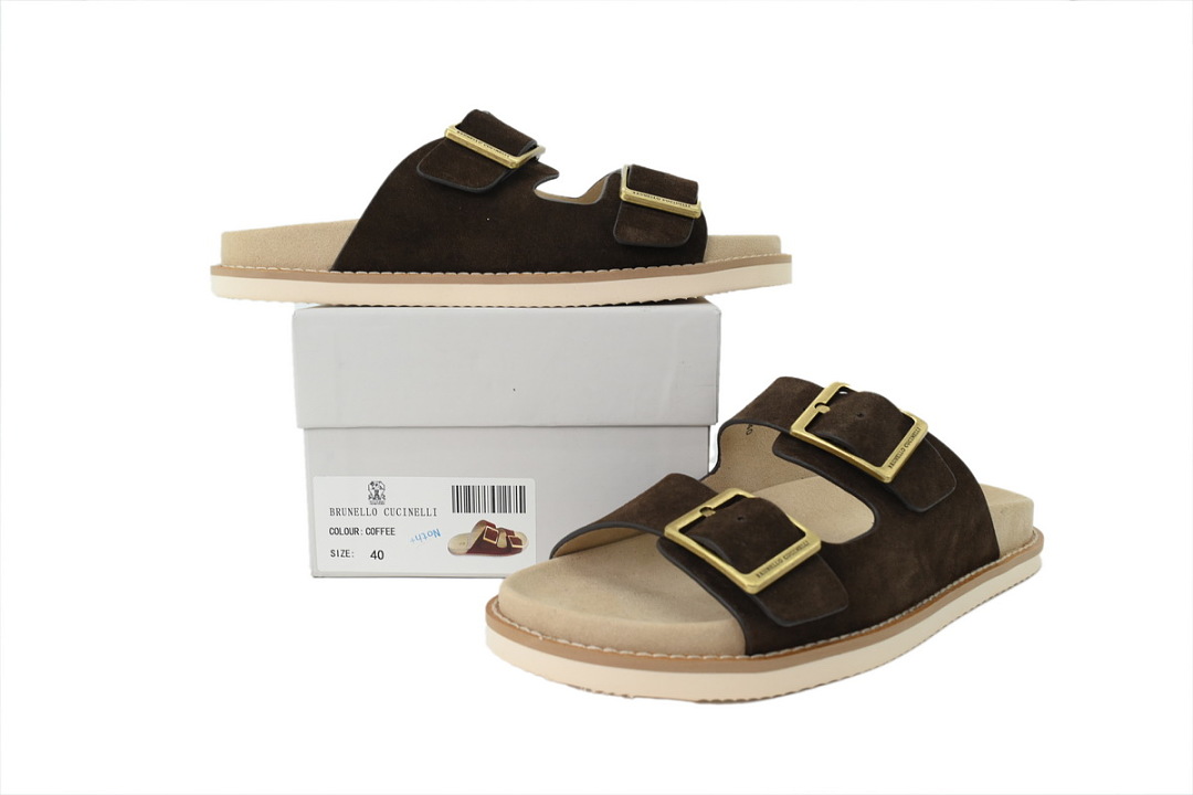 Brunello Cucinelli Suede Slide Sandals Two-Strap Slides Coffee