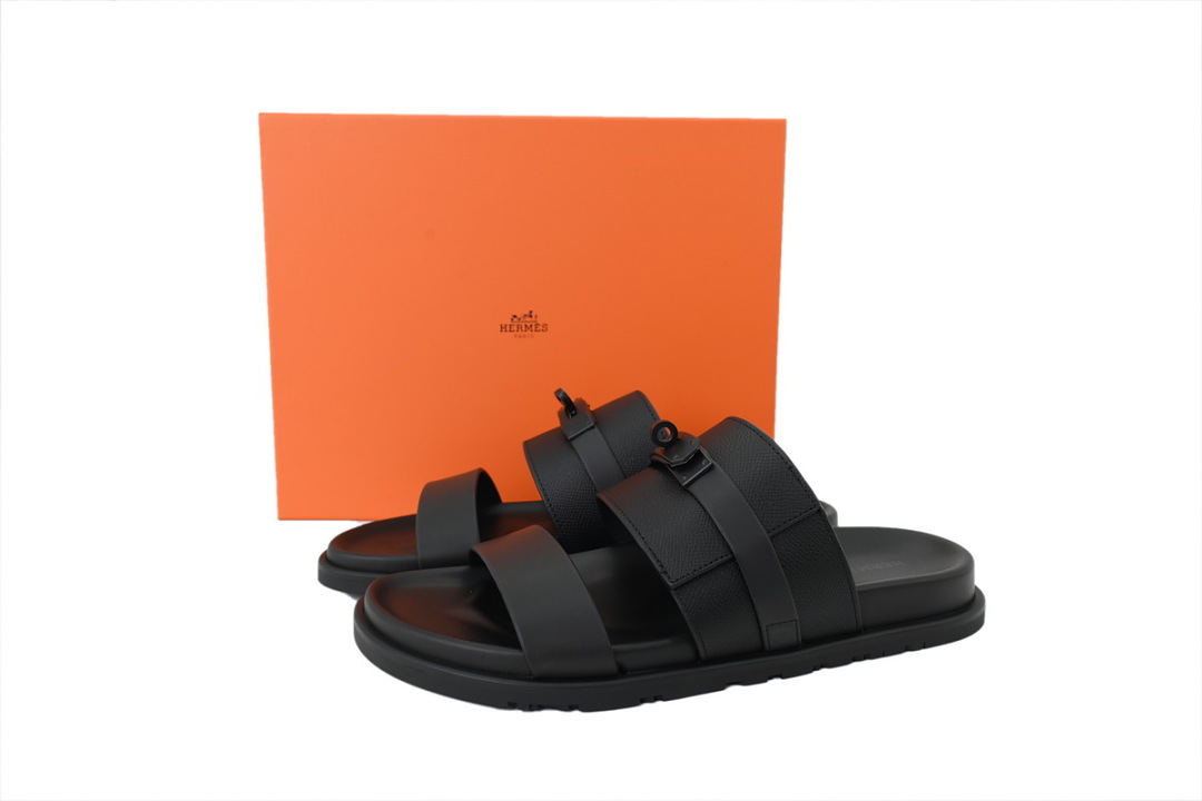 Hermes Flat Slide Sandals Black Lychee-Grain Button