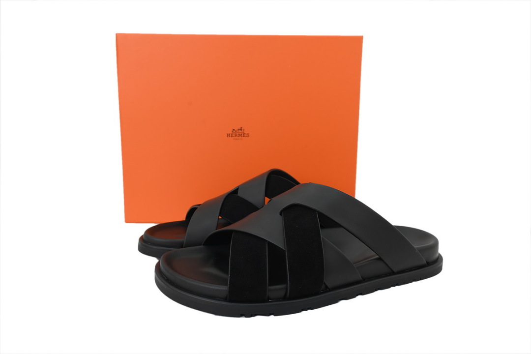 Hermes Flat Slide Sandals Cross Black