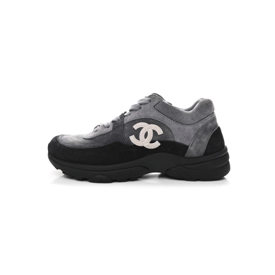 Chanel Suede Calfskin CC Sneakers Black Grey 01